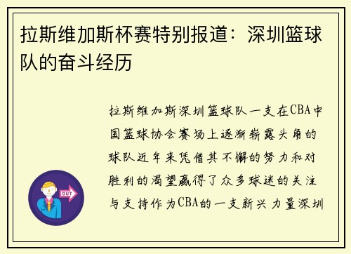 拉斯维加斯杯赛特别报道：深圳篮球队的奋斗经历
