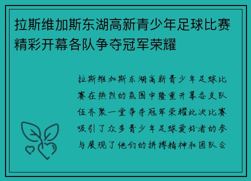 拉斯维加斯东湖高新青少年足球比赛精彩开幕各队争夺冠军荣耀
